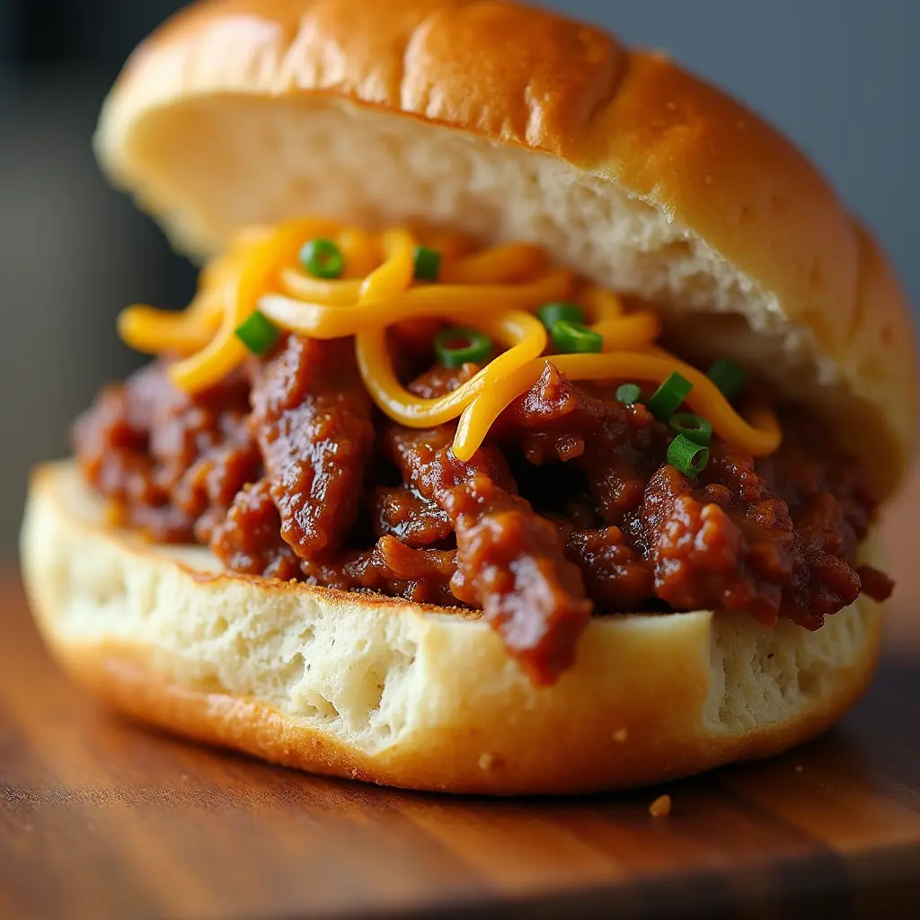 Showcase the process of assembling the sandwich, focusing on the rich, savory filling being placed onto a golden toasted bun. Include optional toppings like cheese melting over the top.