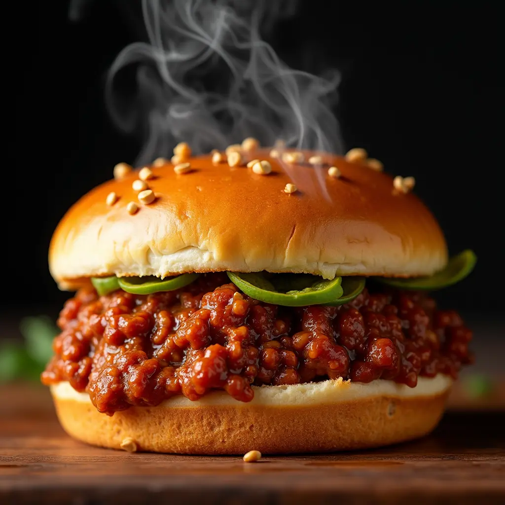 Present a close-up shot of a perfectly assembled sloppy joe with steam rising from the bun, showcasing the aroma and appeal of the dish.