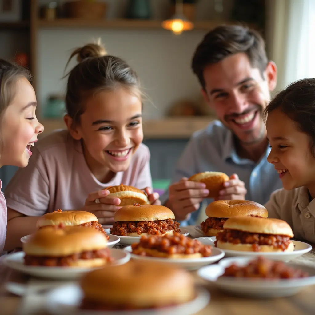 Visualize a happy family gathered around the dining table enjoying plates of sloppy joes. Capture their smiles as they bite into the sandwiches, emphasizing warmth and connection.